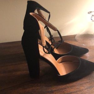 Black suede strapy chunky heel pumps